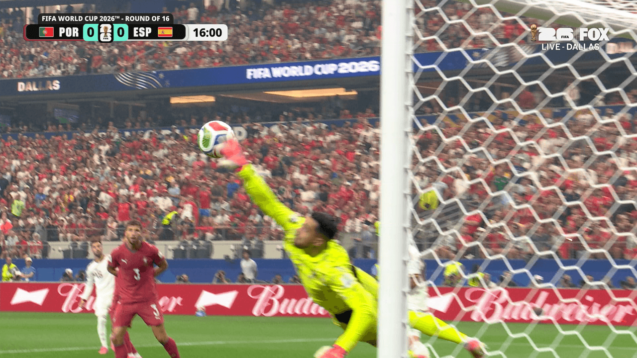 Portugal’s Diogo Costa makes two saves against Spain to keep score level...